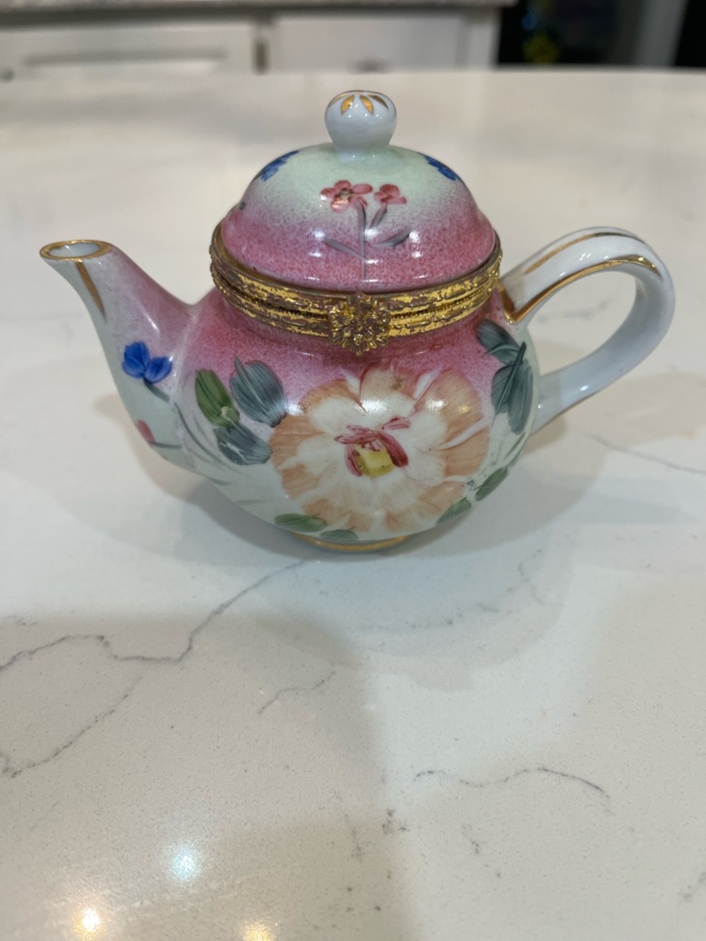 Vintage Floral Porcelain Mini Trinket Teapot - Pink, White, Gold Accents